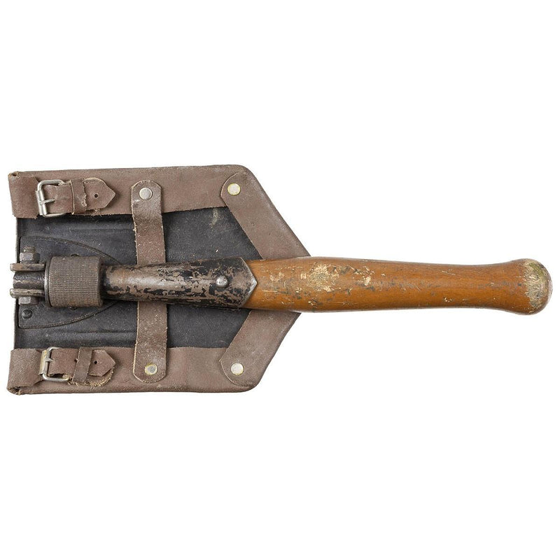 Pelle dentelée pliable originale de l'armée roumaine avec manche en bois et étui en cuir