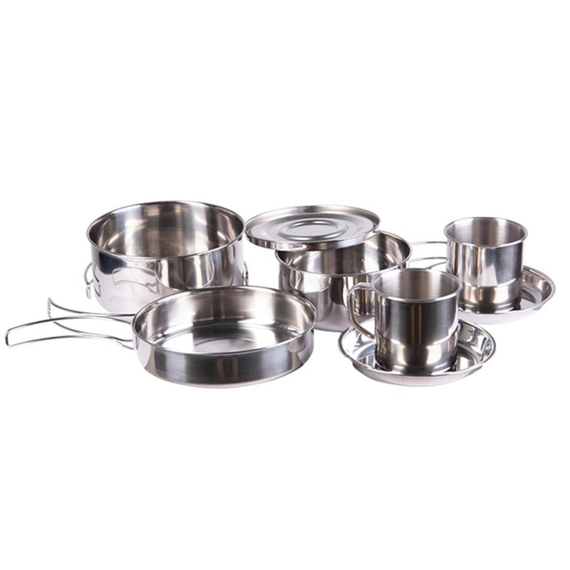 Batterie de cuisine d'extérieur MIL-TEC 8 pièces en acier inoxydable pour camping, casserole, tasse, assiette