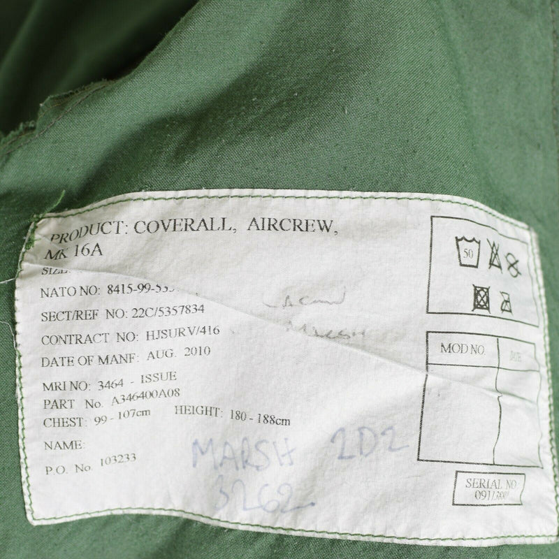 Combinaison de costume en aramide originale de l'armée britannique Aircrew MK15 RAF Sage Green Air Force