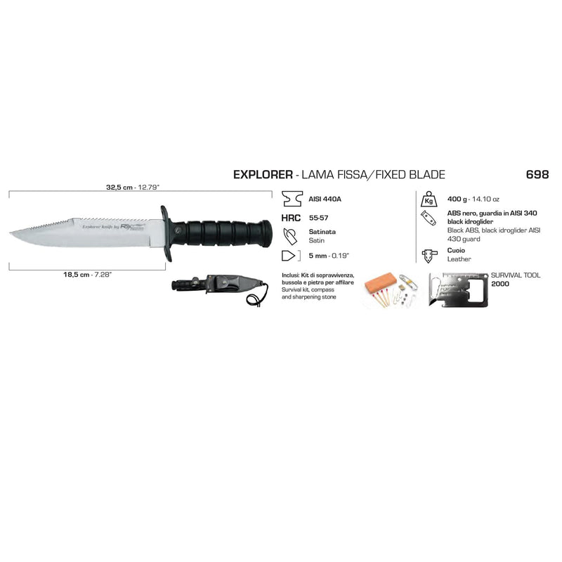 Couteau fixe Fox Knives Military Explorer 55-57 HRC 440 lame en acier kit de survie