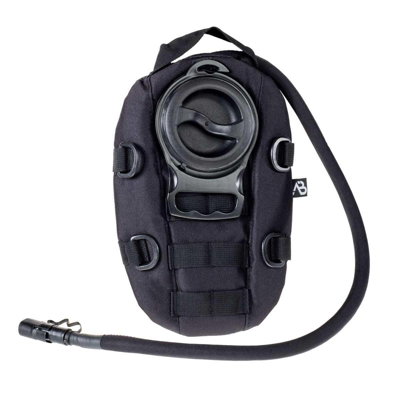 Compact black hydration pack pouch with 1.5L capacity, MOLLE webbing, and flexible drinking tube for trekking.