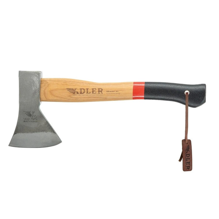 Adler Rheinland hatchet with wooden handle, anti-slip grip, and sharp steel blade for wilderness camping and bushcraft use