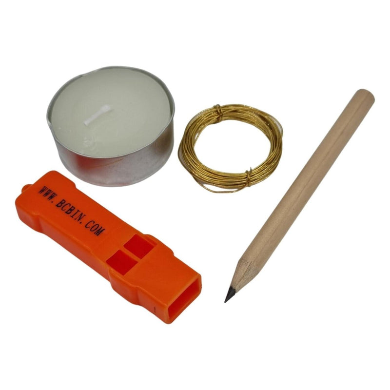 Collection of items including a candle, orange lighter, pencil, and wire on a white background
