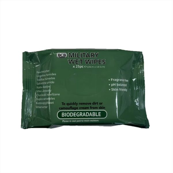 BCB Military Wet Wipes 25 Pack Boiodegradable Skin Friendly Ph Balanced