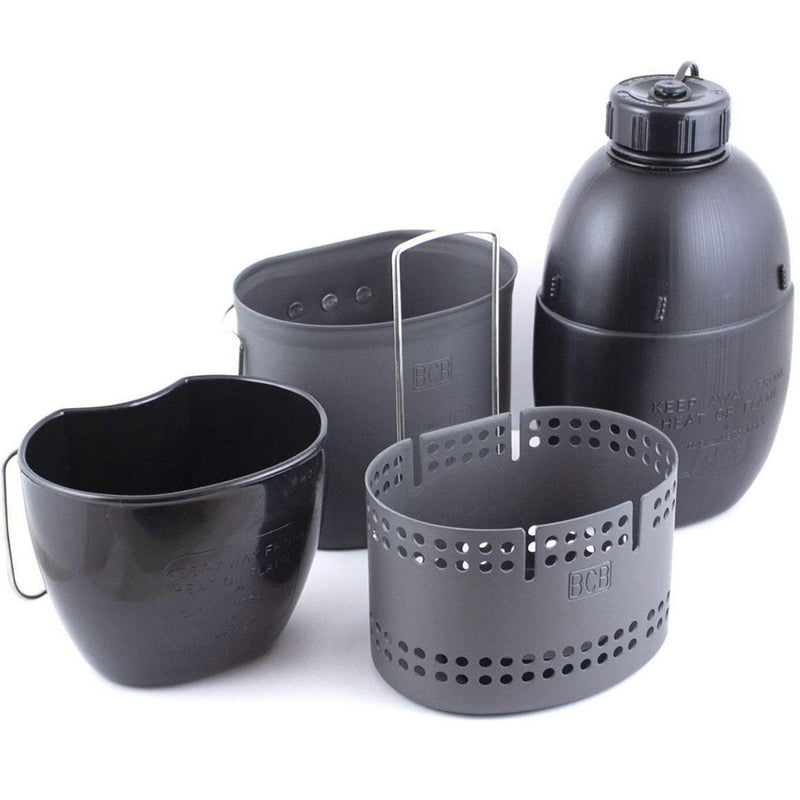 BCB Mk2 British outdoor cooking set with NATO mug, stove, canteen, and fire starter in a compact design.