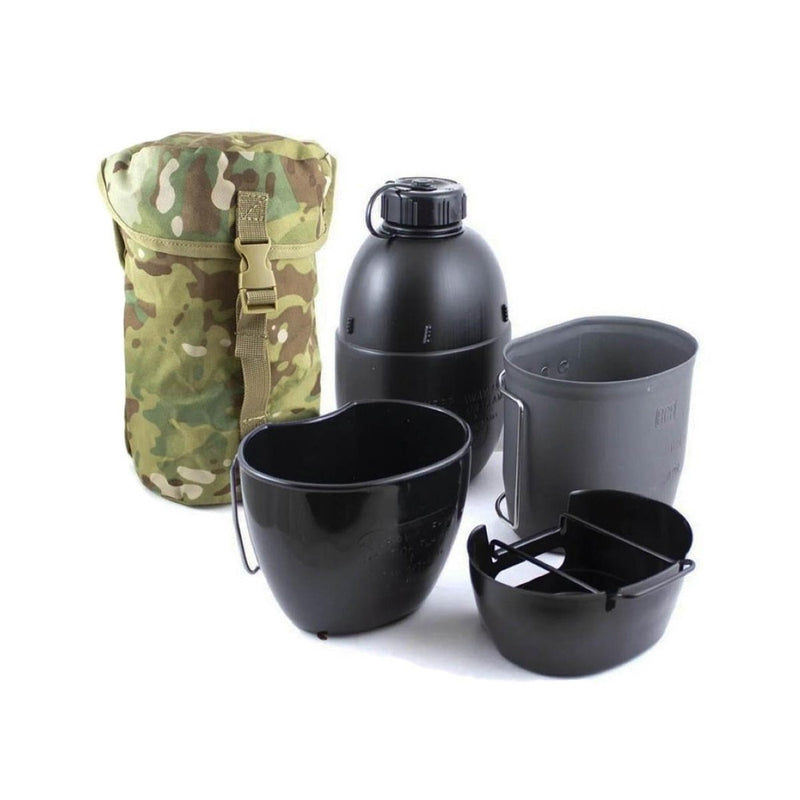 BCB Multi-Fuel Cooking System with aluminum stove, canteen, cooking cup, drinking mug, and multicam pouch for camping