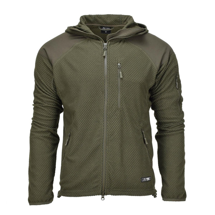 Veste polaire Blochl de style militaire vert olive avec capuche, épaules et coudes renforcés et poches avant zippées.
