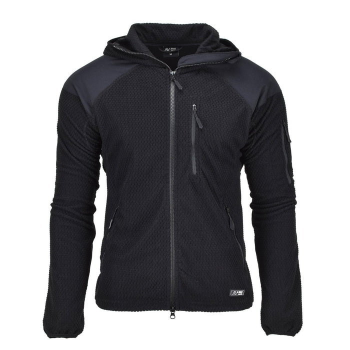 Veste polaire thermique noire de style militaire avec capuche, coudes renforcés, fermeture éclair sur le devant et plusieurs poches pour une protection contre le froid.