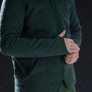 Close-up of green Dutch army thermal fleece parka liner with thumb holes and zippered side pockets for cold weather.
