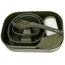 Olive green Swedish Wildo camp box camping kit with plates, cups, and spork for outdoor dining and hiking use