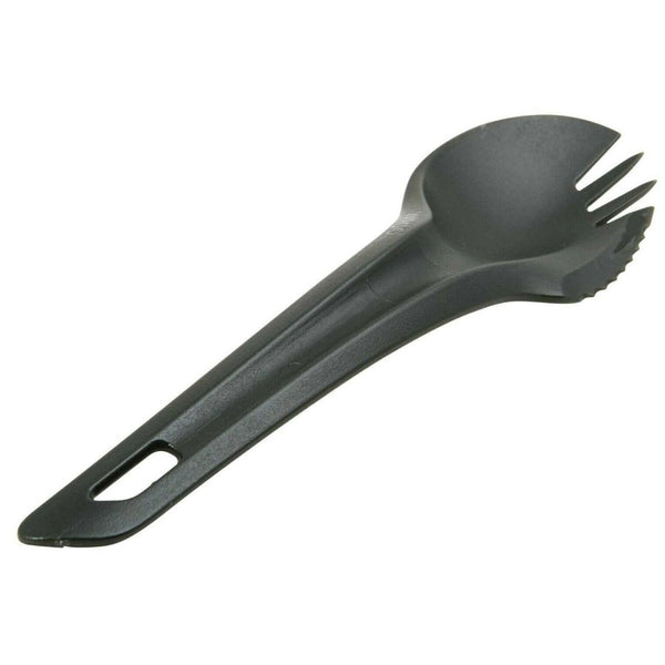 Wildo olive green lightweight spork combining spoon, fork, and knife for outdoor camping and hiking meals