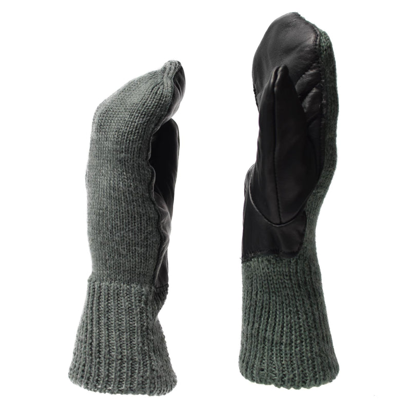 Original Swiss army gray wool cold weather mittens leather palm military issue