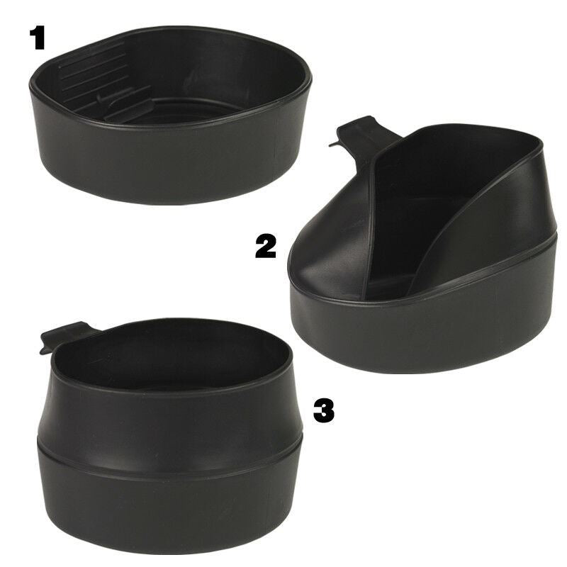 Three black BPA-free outdoor mess kit components including a large bowl, small bowl, and folding cup for camping.