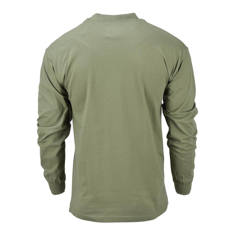 Back view of Czech Military long-sleeved olive shirt with elasticated cuffs, breathable fabric, ideal for hiking and outdoor use