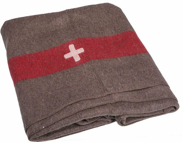 Couverture vintage de l'armée suisse en laine militaire à rayures rouges et croix REPRO NEUF