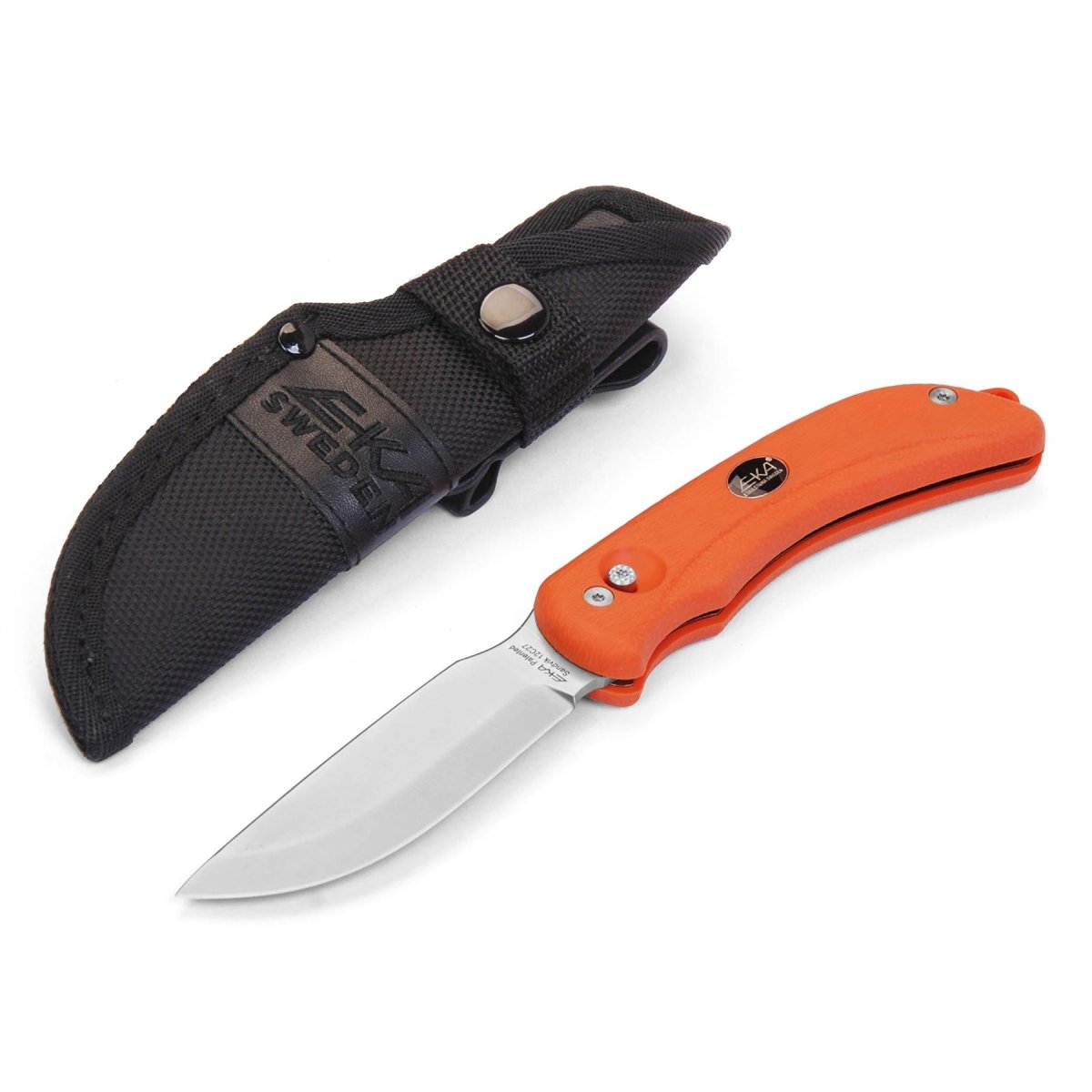 Couteau de pêcheur suédois EKA crochet à éviscérer G3 lame en acier 59 HRC manche Proflex orange