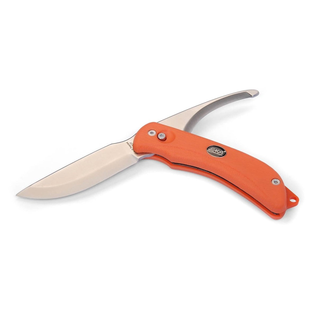 Couteau de pêcheur suédois EKA crochet à éviscérer G3 lame en acier 59 HRC manche Proflex orange