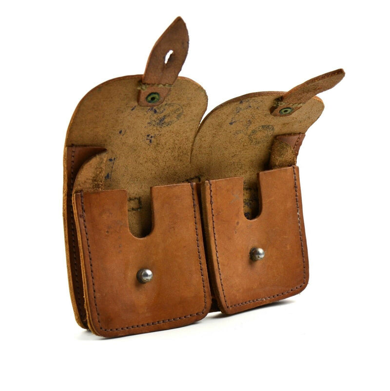 Original French army magazine pouch Brown leather ammo dual bag mag