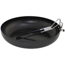 Fox Outdoor Frying Pan Steel Foldable Rubber Coated Handle Enamel Lid Black showing folded handle in square image
