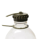 Close-up of genuine Austrian military clear plastic water bottle with olive drab threaded cap and retaining strap