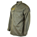 Genuine Austrian army M65 olive green military combat shirt with long sleeves, pockets, and button-up design.