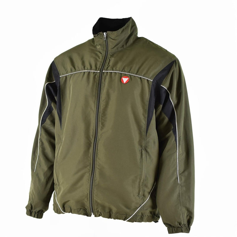 Genuine Austrian Army training tracksuit jacket in olive green with full zip and elastic cuffs for outdoor use.