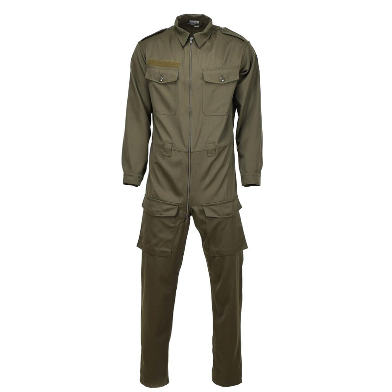 Genuine Austrian military mechanic coverall in olive with cargo pockets, adjustable cuffs, epaulettes, and two-way metal zipper