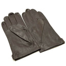 Pair of genuine Belgian army black leather full finger military surplus gloves laid flat on white background
