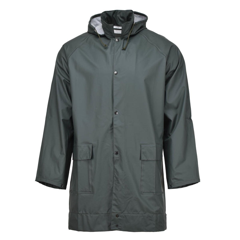 Lightweight genuine Belgian army waterproof rain jacket in olive with hood and cargo pockets for wet weather protection