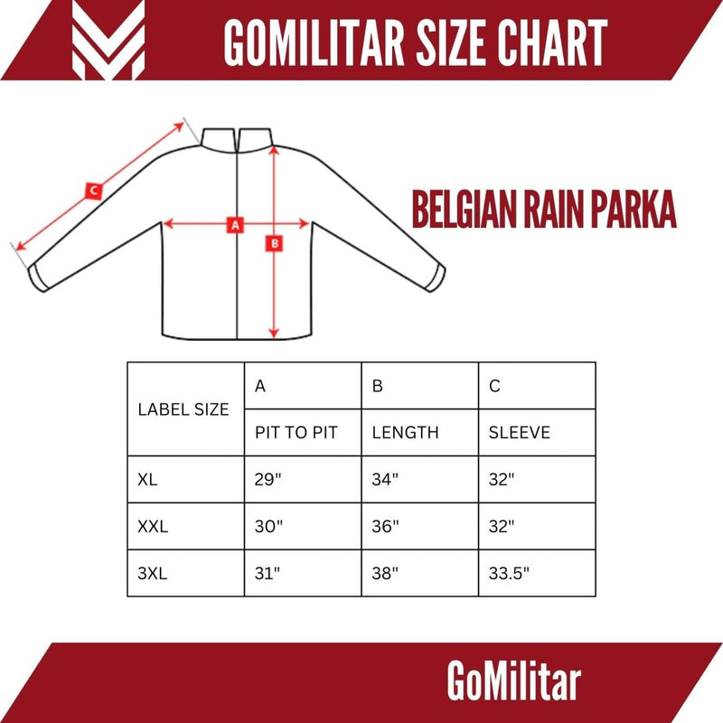 Size chart for Belgian rain parka showing pit to pit, length, and sleeve measurements for XL to 3XL sizes