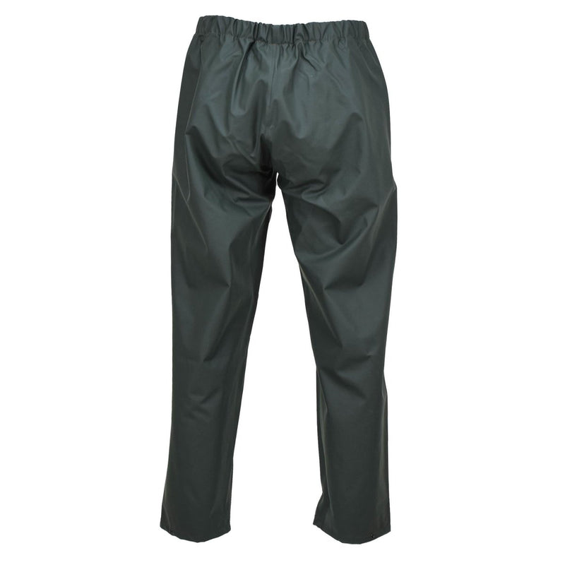 Genuine Belgian military waterproof olive rain pants with elastic waist and adjustable ankles for outdoor use