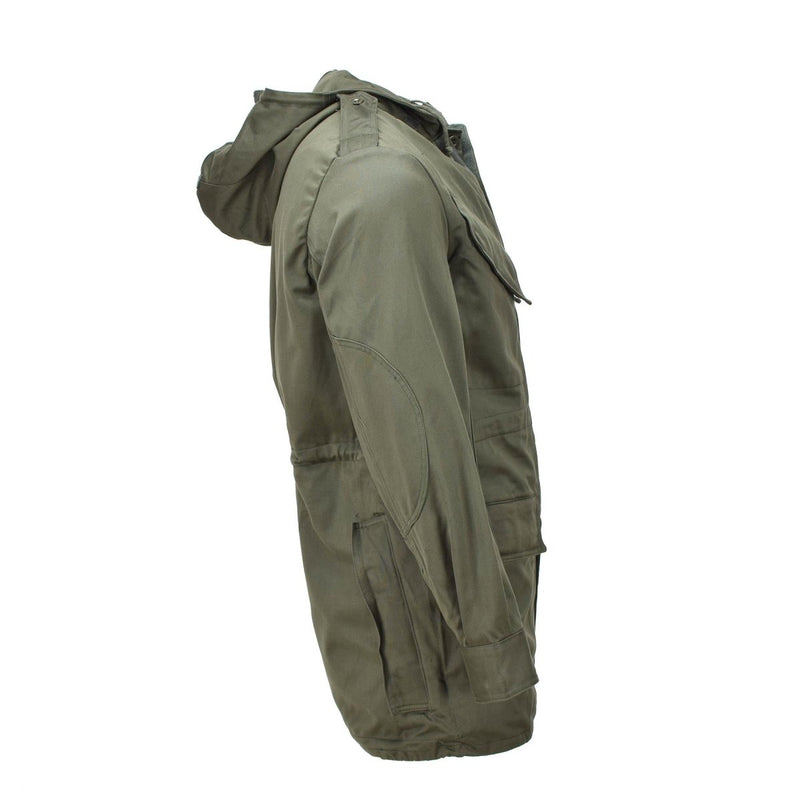 Vintage genuine Belgian military olive green hooded BDU parka jacket, breathable cotton, storm flap, and thermal insulation.