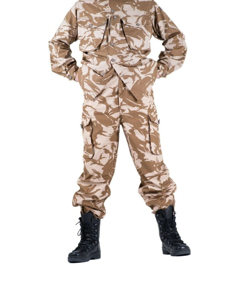 Genuine British Army desert camouflage combat trousers with multiple cargo pockets and adjustable bottoms.