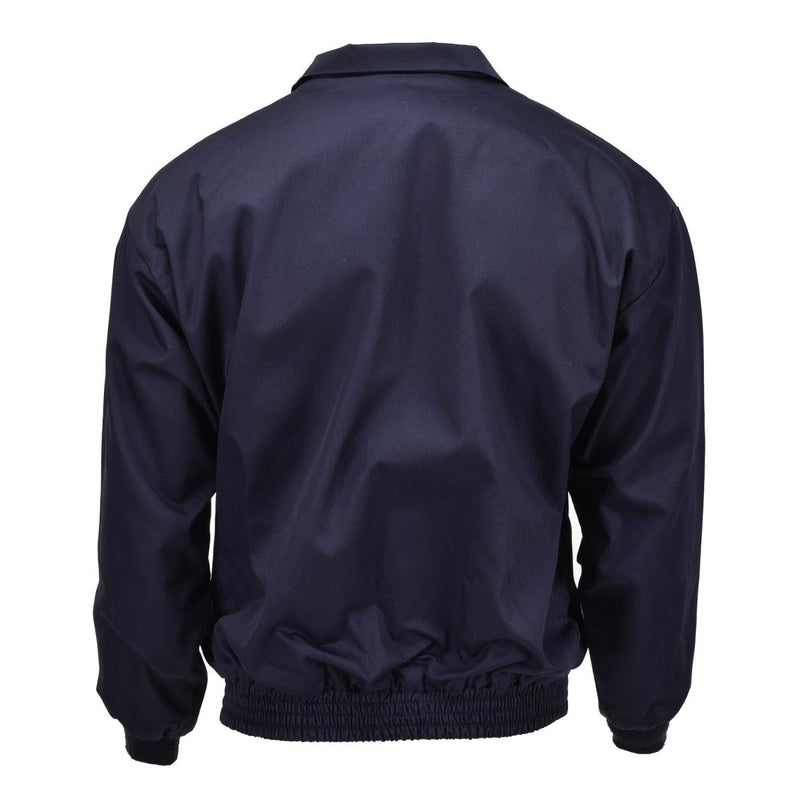 Back view of a deep blue British Royal Air Forces RAF tracksuit bomber jacket with elasticated cuffs and bottom hem.