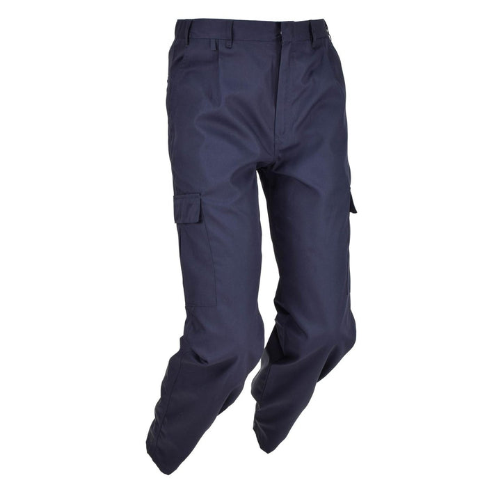 Véritable pantalon cargo de travail militaire bleu ISS britannique avec poches sécurisées et jambe droite.