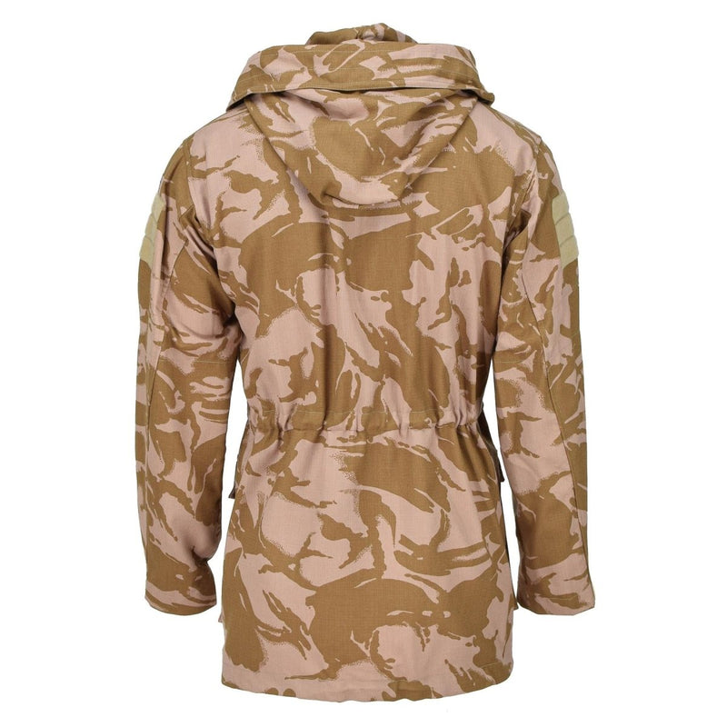 Back view of British military smock jacket in desert camouflage with hood, windproof and flame-resistant parka design