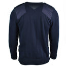 Back view of a genuine British military navy blue Commando V-neck sweater with reinforced shoulder patches.