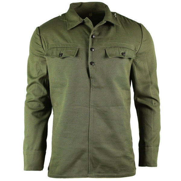 Genuine Bulgarian Army olive green military BDU shirt with buttoned chest pockets and durable fabric for combat use.