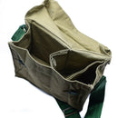 Open genuine Bulgarian army canvas shoulder bag in khaki with multiple compartments and green adjustable strap