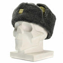Vintage Czech army winter ushanka hat in gray faux fur with olive lining and gold badge displayed on a mannequin head