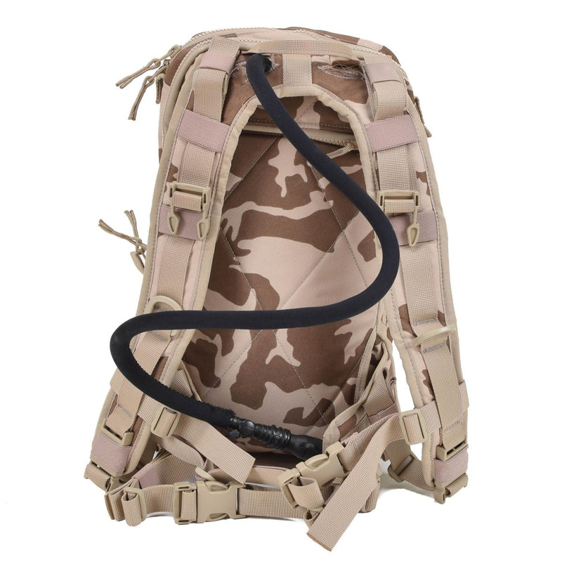 Czech Military hydration backpack in desert camo with 3-liter bladder and tube for hands-free water access