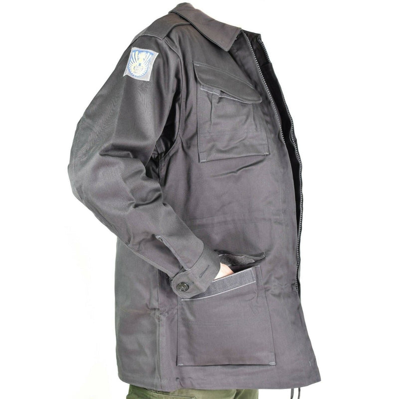 Genuine Danish Army Combat Jacket M71 in military grey with patch, breathable cotton, and multiple front pockets.