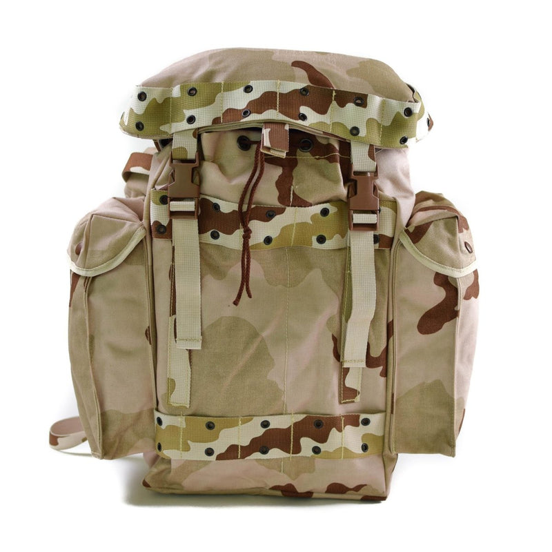 Genuine Dutch Army 35L desert camo tactical backpack with adjustable straps, side pockets, and quick-release buckles.
