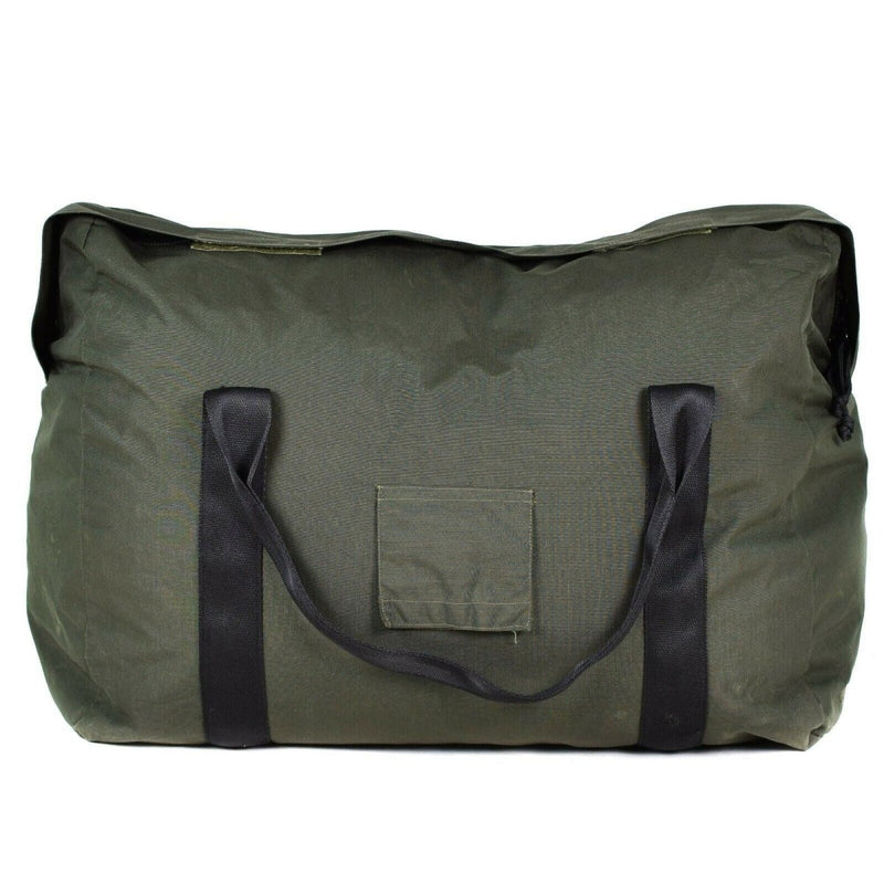 Genuine Dutch army olive green sleeping bag carrier pouch with black handles and zipper closure for military gear storage