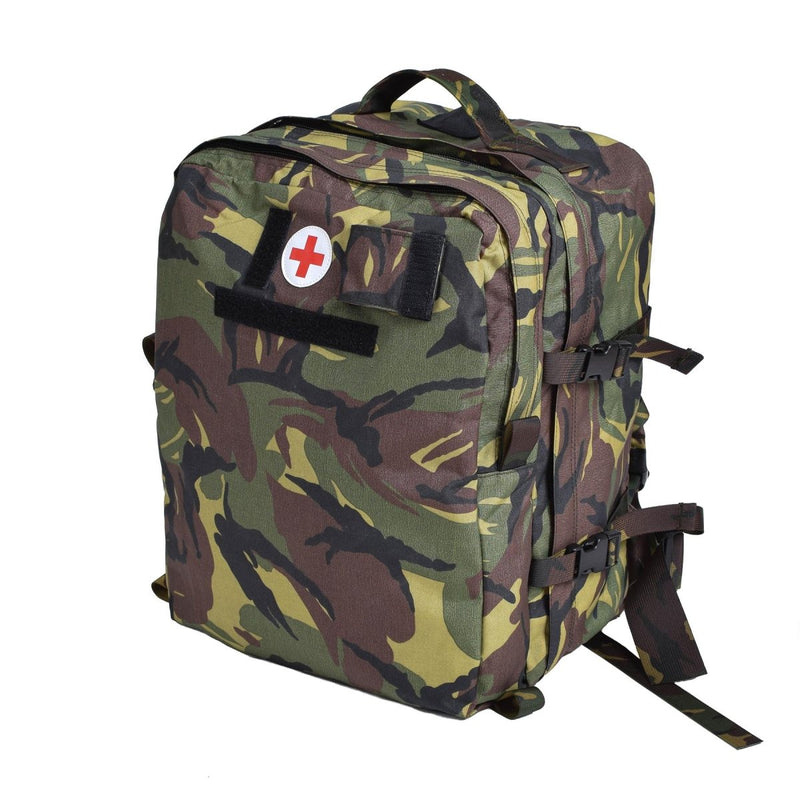 Genuine Dutch military medic backpack in waterproof DPM camouflage with multiple compartments and adjustable straps.