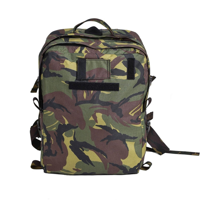 Genuine Dutch military medic backpack in waterproof Cordura DPM woodland camo with multiple compartments and adjustable straps.