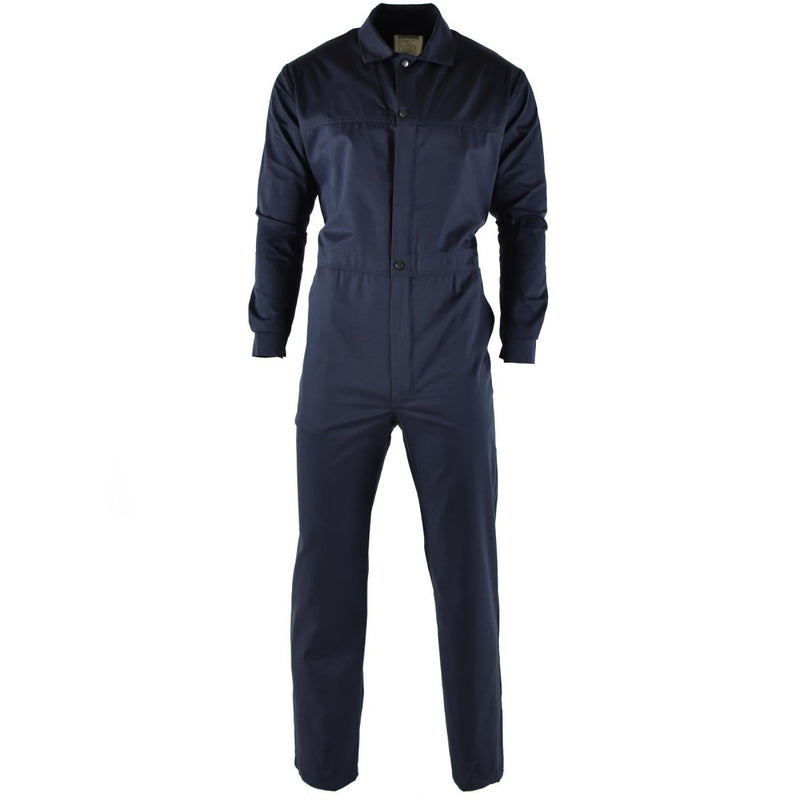 Genuine Dutch navy blue army coverall jumpsuit with long sleeves and front buttons, ideal for outdoor work and activities.