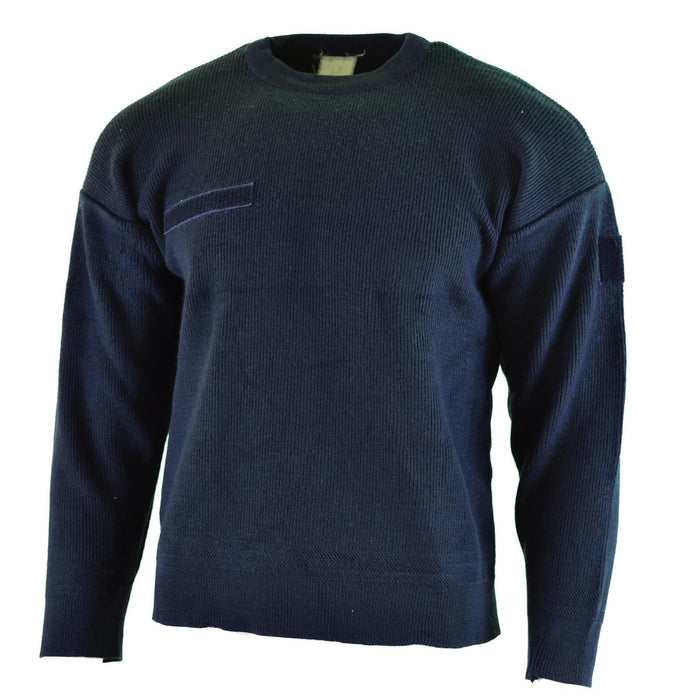 Authentic French Army blue commando jumper with round neck, lightweight and durable military sweater, hook and loop patches.