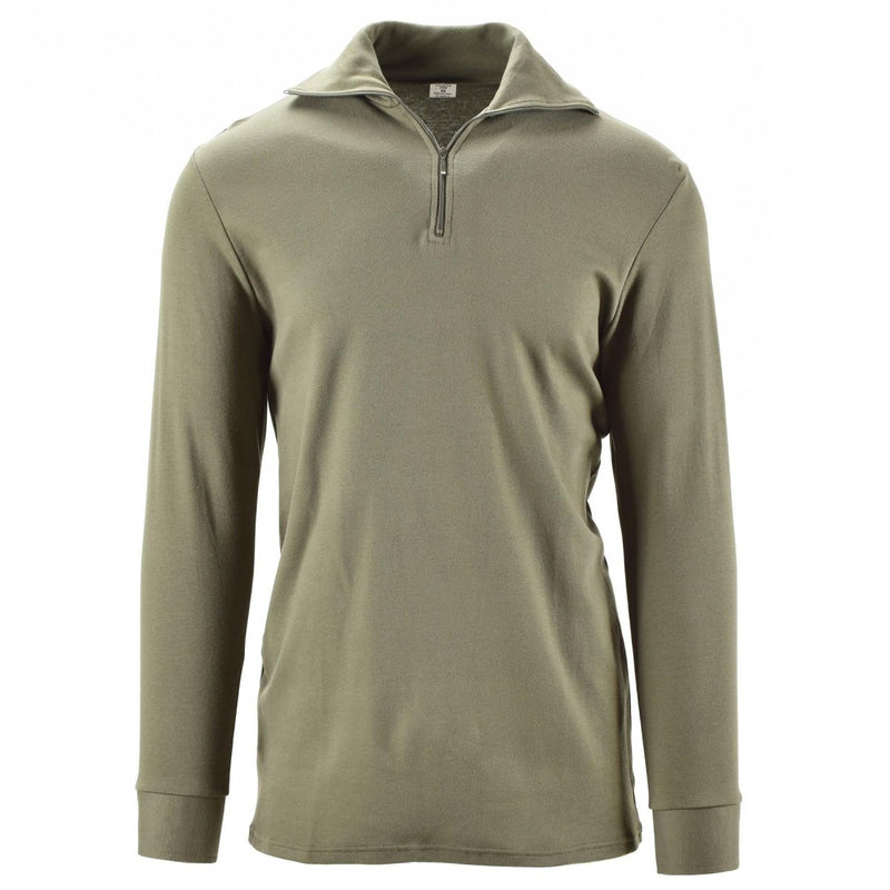 Genuine French Army F1 thermal undershirt in olive green with front zipper, long sleeves, and lightweight fabric for outdoor use.