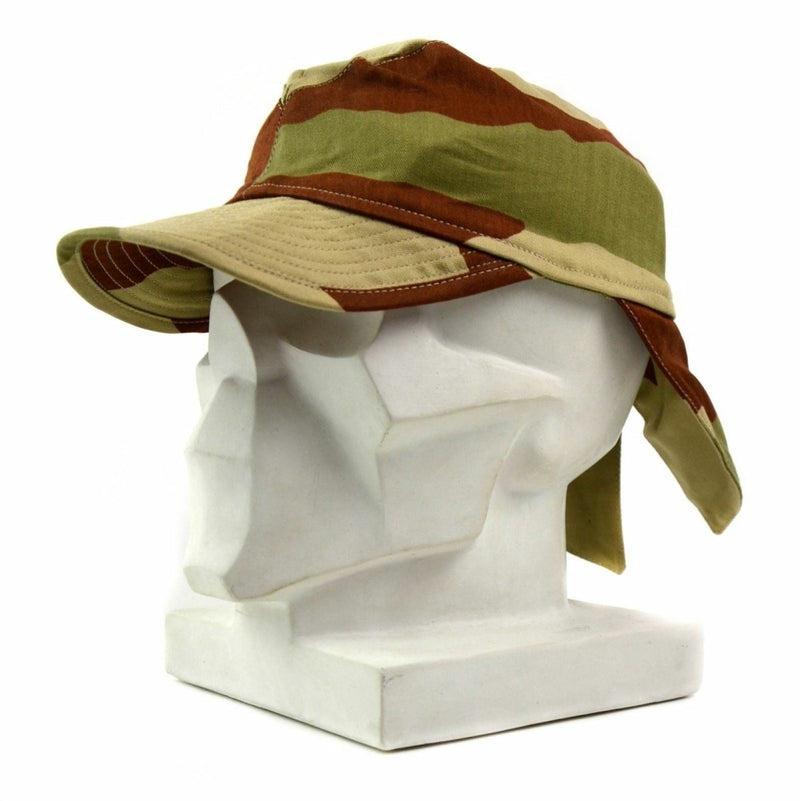 French army desert camouflage combat cap with swallowtail design and adjustable neck flap on white mannequin head